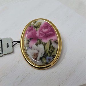 Vintage Porcelain Goldtone Pin Brooch Floral Design